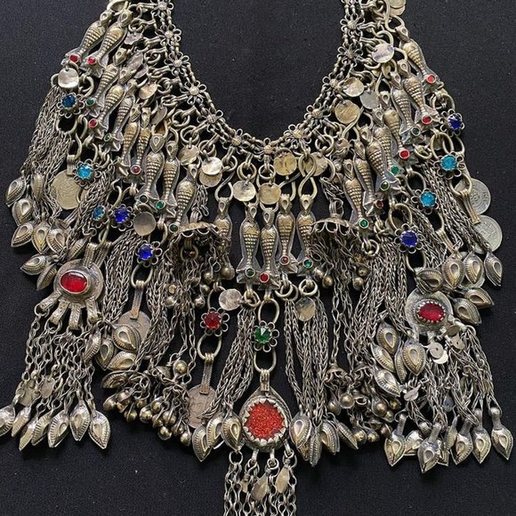 Vintage Afghan Oversized Necklace Embellished with Fish Motifs, Bib Necklace - Picture 5 of 7